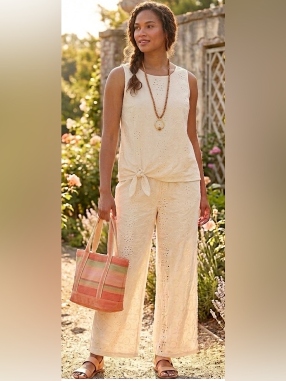 Women’s Cream Eyelet Wide-Leg Jumpsuit